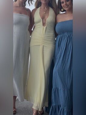 SHEIN Yellow Plunge Ruched Maxi Dress